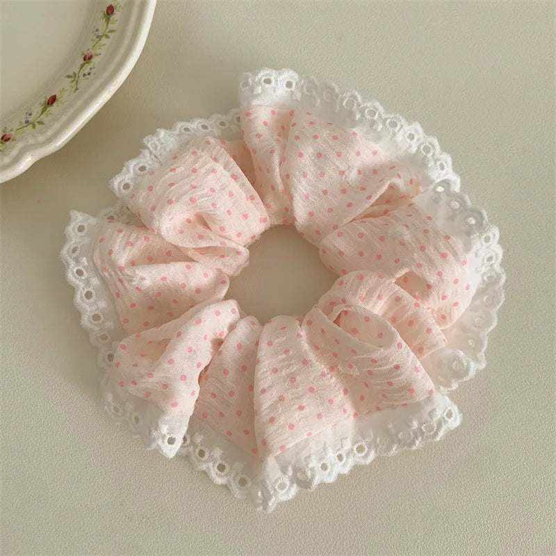 Lace Polka Dot White Pink Large Round Hair Ties for Women Sweet Cute Girl Ponytail Holders Ins Style Partysu Head Accessories