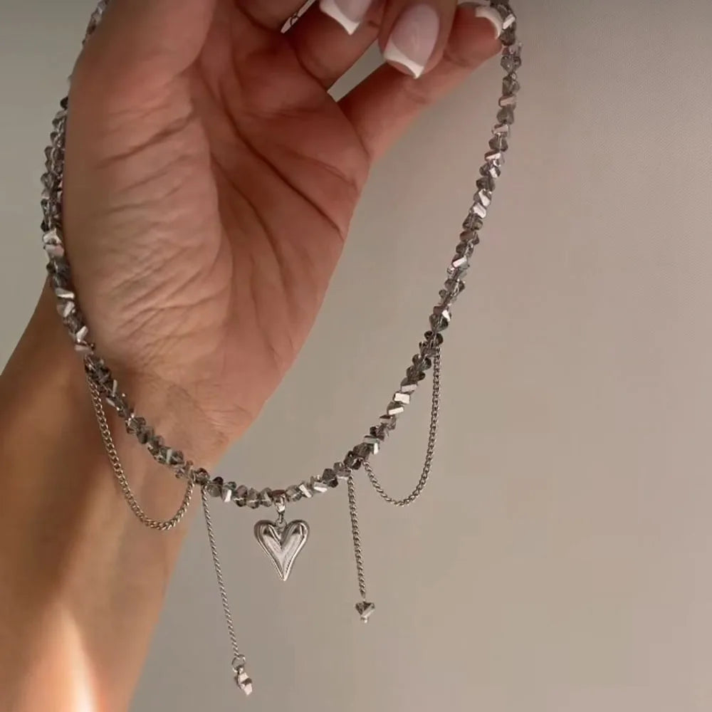 New Irregular Choker Vintage Zircon Heart Pendant Necklace For Women Female Pink & white Stone Chain Valentine's Gift N0548