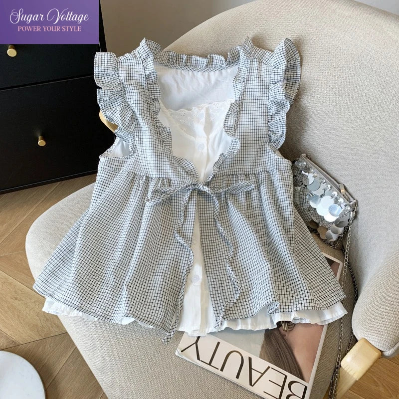 Korean Sweet Cottagecore Sleeveless Shirt Women Blue Plaid Ruffle Trim Tie Front Fake Two Piece Babydoll Blouse with Lace Lining