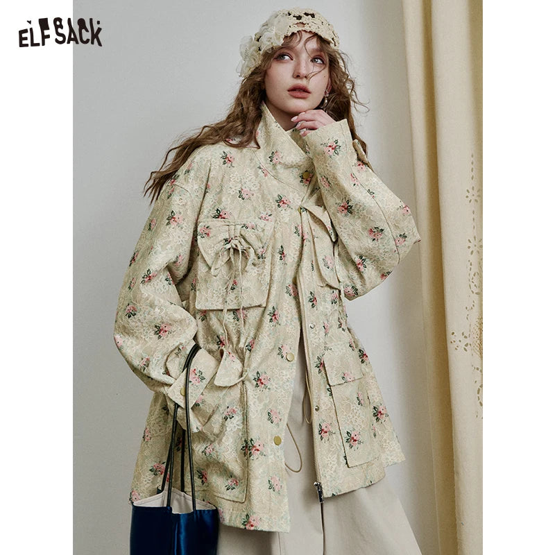 ELFSACK 2025 Lace Floral Print Coat Women Bow Tie Pocket Fitted Trench Style Jacket, Romantic Cottagecore Elegant Jacket