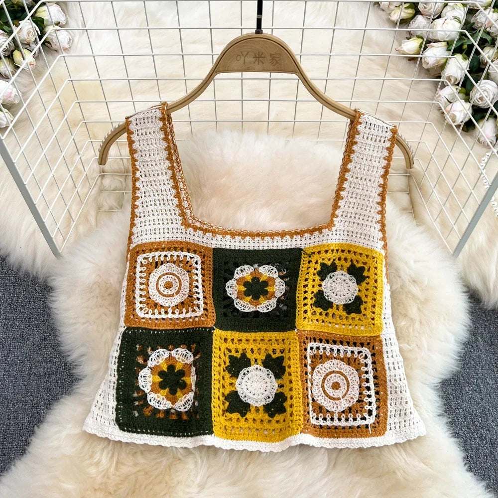Granny Square Crochet Tank Top Embroidery Floral Open-knit Crop Cami Tops Women Teengirl Summer Fairycore Cottagecore Outfit