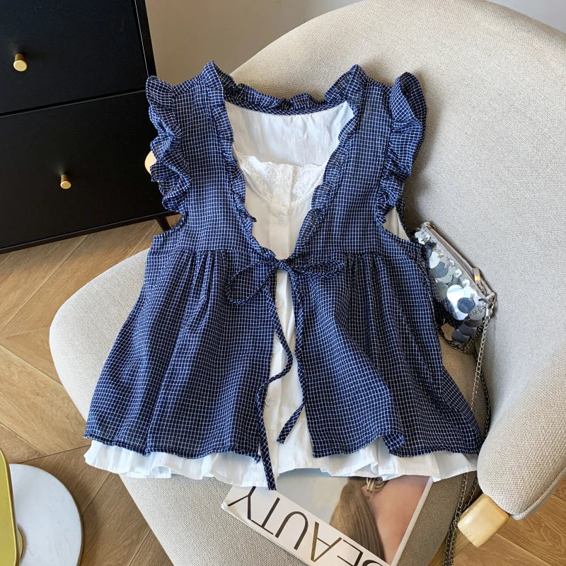 Korean Sweet Cottagecore Sleeveless Shirt Women Blue Plaid Ruffle Trim Tie Front Fake Two Piece Babydoll Blouse with Lace Lining