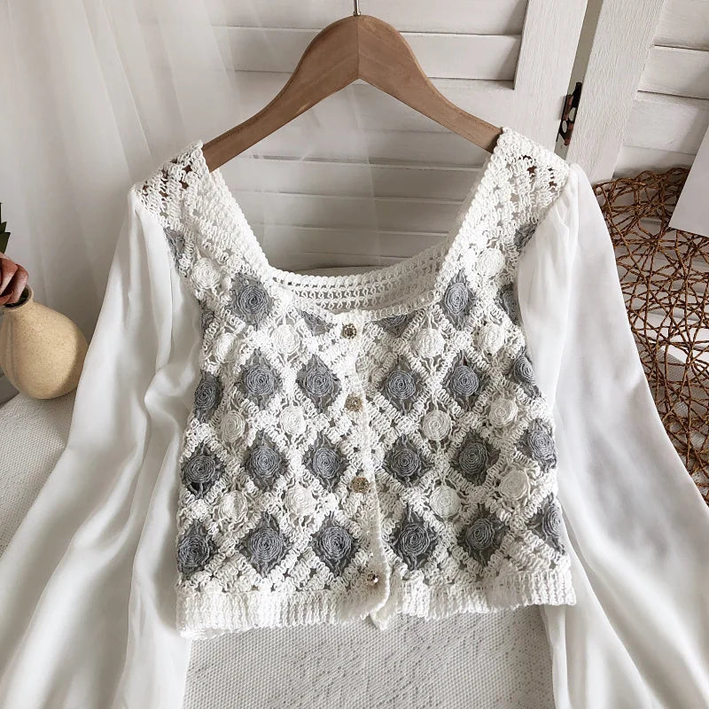 Crochet Top with Chiffon Sleeve Argyle Embroidery Square-neck Fake Two-Piece Blouse Spring Summer Fairycore Cottagecore