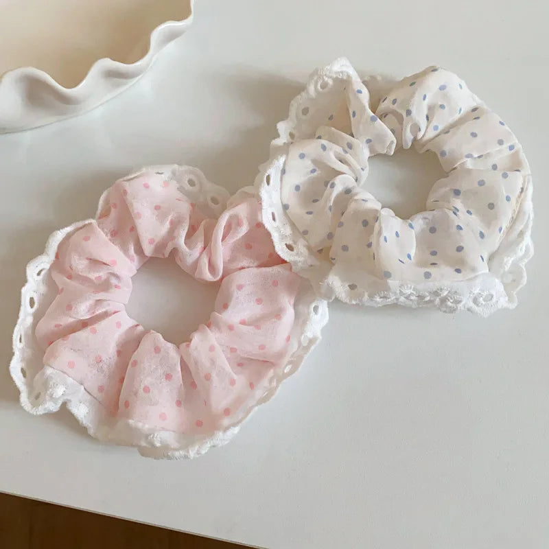 Lace Polka Dot White Pink Large Round Hair Ties for Women Sweet Cute Girl Ponytail Holders Ins Style Partysu Head Accessories