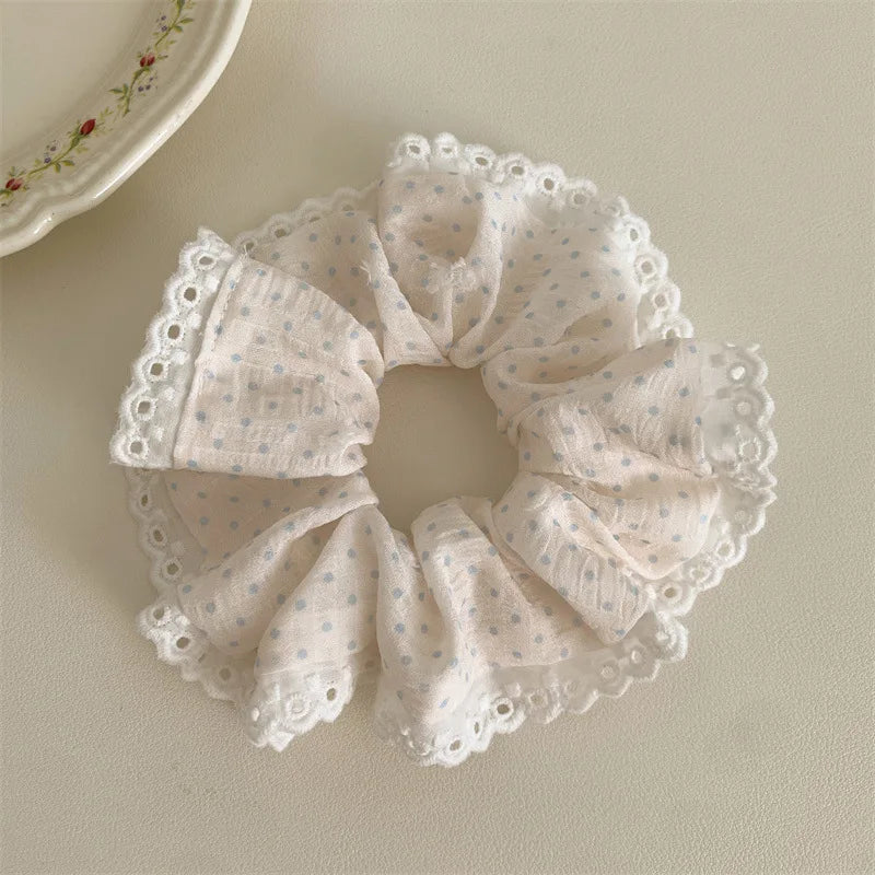 Lace Polka Dot White Pink Large Round Hair Ties for Women Sweet Cute Girl Ponytail Holders Ins Style Partysu Head Accessories