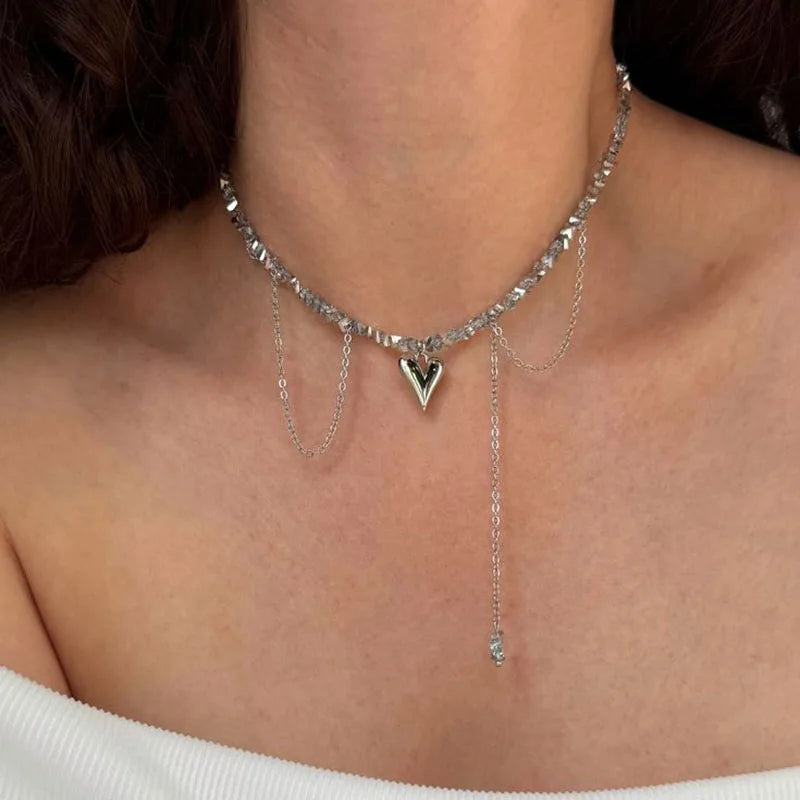 New Irregular Choker Vintage Zircon Heart Pendant Necklace For Women Female Pink & white Stone Chain Valentine's Gift N0548