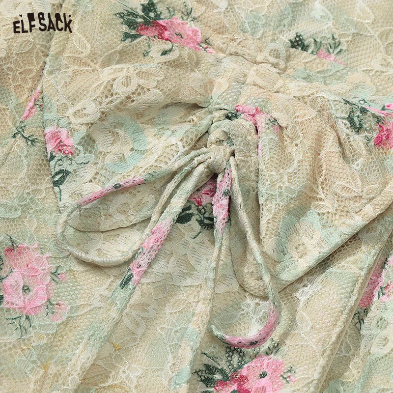 ELFSACK 2025 Lace Floral Print Coat Women Bow Tie Pocket Fitted Trench Style Jacket, Romantic Cottagecore Elegant Jacket