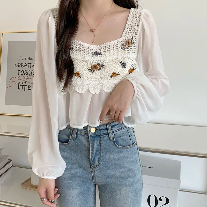 Crochet Top with Chiffon Flower Embroidery Long Sleeve Square-neck Fake Two-Piece Blouse Spring Summer Fairycore Cottagecore
