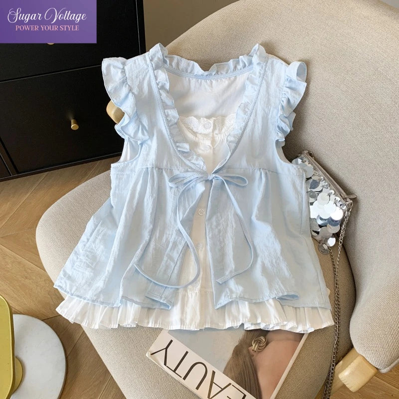 Korean Sweet Cottagecore Sleeveless Shirt Women Blue Plaid Ruffle Trim Tie Front Fake Two Piece Babydoll Blouse with Lace Lining