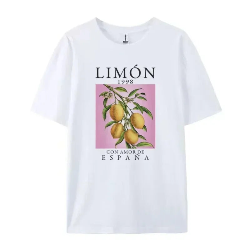 Lemon Fruit Print T-Shirts Cotton Women Graphic Tops Vintage Aesthetic Botanical Streetwear Shirt Cottagecore Clothes Oversized