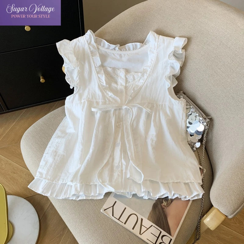 Korean Sweet Cottagecore Sleeveless Shirt Women Blue Plaid Ruffle Trim Tie Front Fake Two Piece Babydoll Blouse with Lace Lining