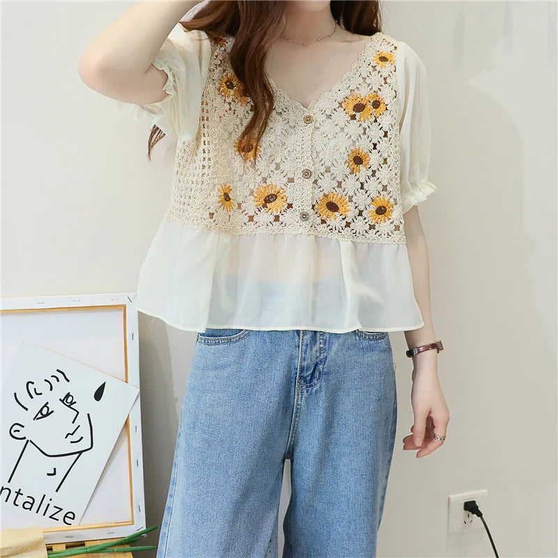 Crochet Top Chiffon Flower Embroidery Daisy Long Sleeve Button Front Fake Two-Piece Blouse Spring Summer Fairycore Cottagecore