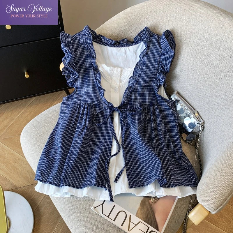 Korean Sweet Cottagecore Sleeveless Shirt Women Blue Plaid Ruffle Trim Tie Front Fake Two Piece Babydoll Blouse with Lace Lining