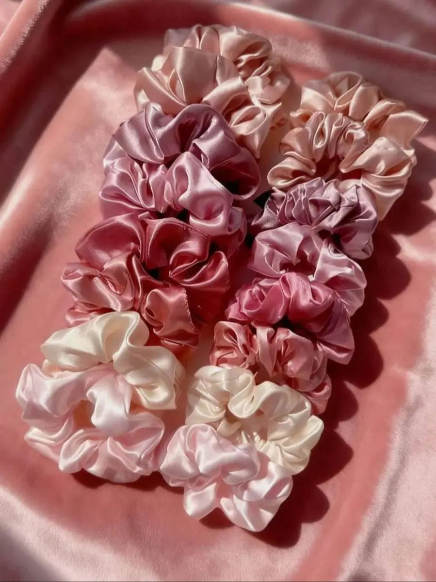 16-piece set of soft satin hair ties in pink and brown colors | suitable for wearing in all settings