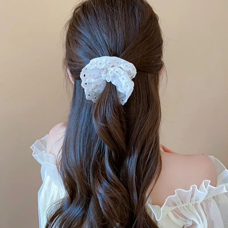 Lace Polka Dot White Pink Large Round Hair Ties for Women Sweet Cute Girl Ponytail Holders Ins Style Partysu Head Accessories
