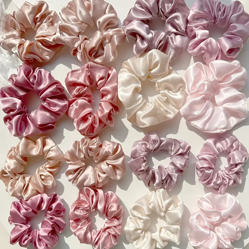 16-piece set of soft satin hair ties in pink and brown colors | suitable for wearing in all settings
