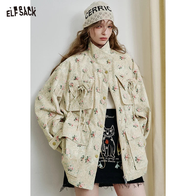 ELFSACK 2025 Lace Floral Print Coat Women Bow Tie Pocket Fitted Trench Style Jacket, Romantic Cottagecore Elegant Jacket