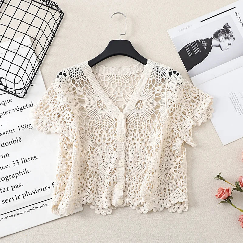 Sheer Crochet Top Short Sleeve Button Front V-Neck Open-knit Embroidery Blouse Women Summer Fairycore Cottagecore Outfit