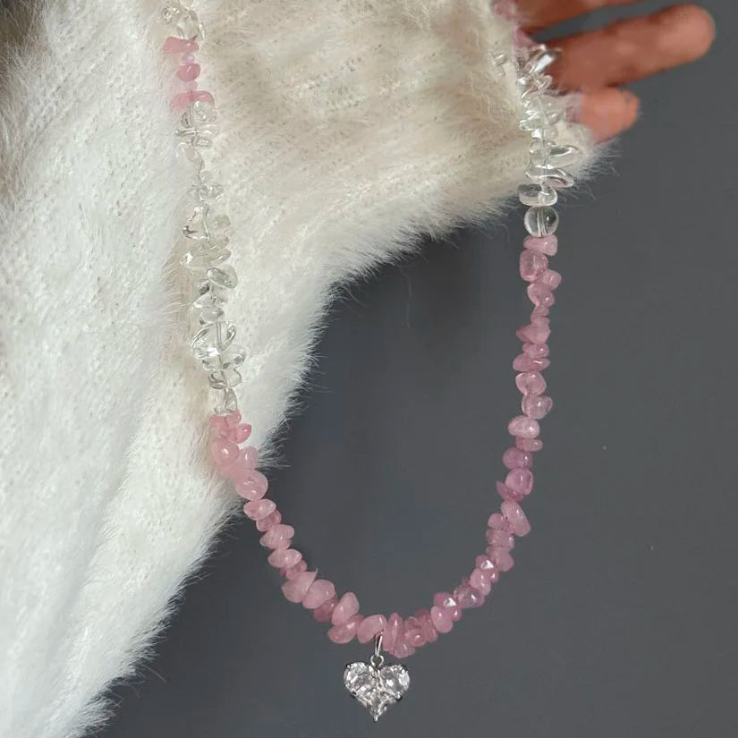 New Irregular Choker Vintage Zircon Heart Pendant Necklace For Women Female Pink & white Stone Chain Valentine's Gift N0548
