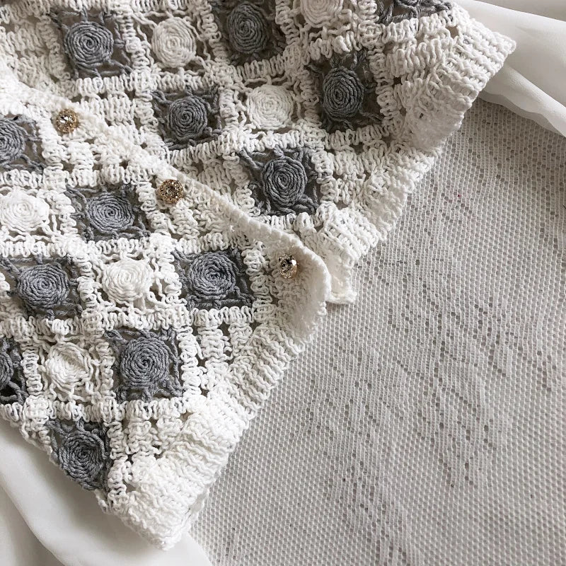 Crochet Top with Chiffon Sleeve Argyle Embroidery Square-neck Fake Two-Piece Blouse Spring Summer Fairycore Cottagecore
