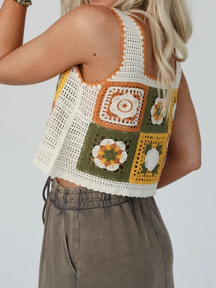 Granny Square Crochet Tank Top Embroidery Floral Open-knit Crop Cami Tops Women Teengirl Summer Fairycore Cottagecore Outfit