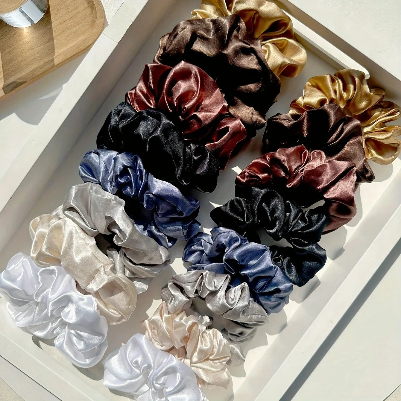 16-piece set of soft satin hair ties in pink and brown colors | suitable for wearing in all settings