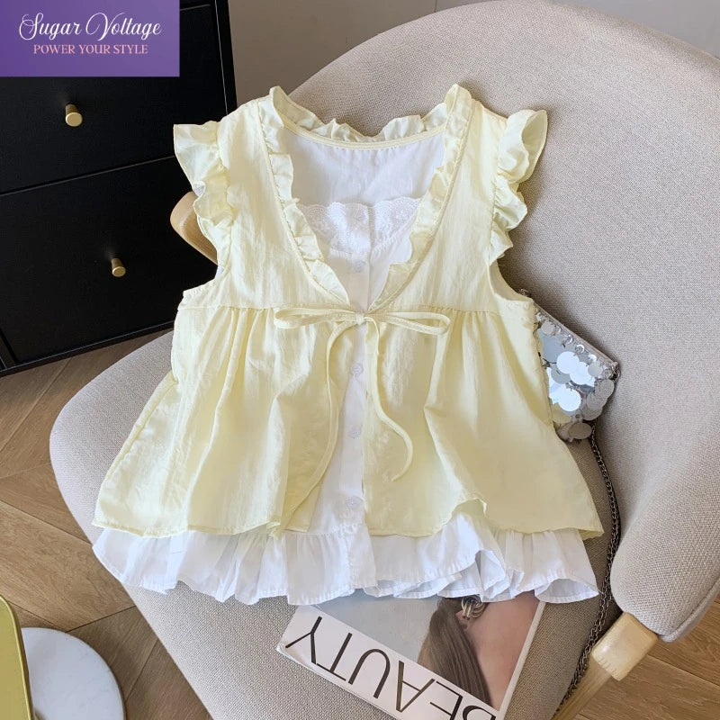 Korean Sweet Cottagecore Sleeveless Shirt Women Blue Plaid Ruffle Trim Tie Front Fake Two Piece Babydoll Blouse with Lace Lining