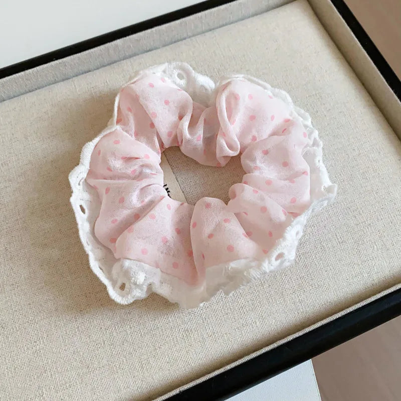 Lace Polka Dot White Pink Large Round Hair Ties for Women Sweet Cute Girl Ponytail Holders Ins Style Partysu Head Accessories