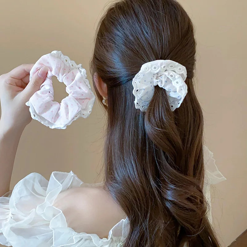 Lace Polka Dot White Pink Large Round Hair Ties for Women Sweet Cute Girl Ponytail Holders Ins Style Partysu Head Accessories