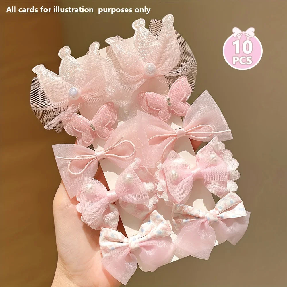 10pcs/set Sweet Pink Hairpins Are Cute and Versatile Crown Bow Bangs Hair Clips Kids Baby Hair Accessories Set for Girls