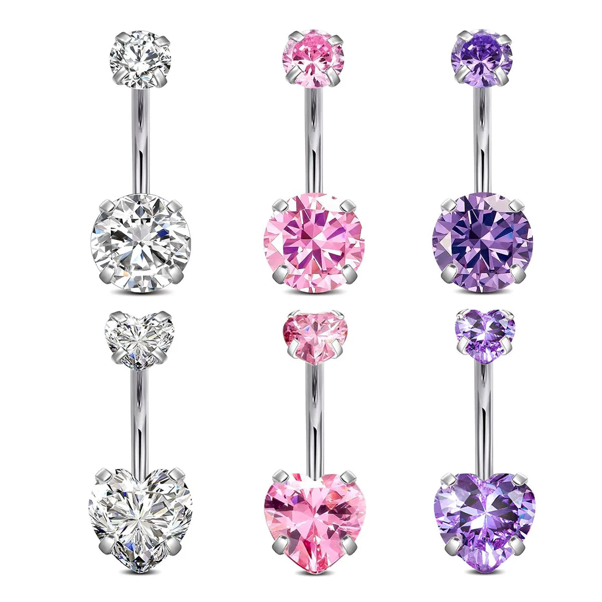 Surgical Steel Round Heart CZ Navel Belly Button Ring Piercing for women 14G Pink Purple White Zircon Belly Piercing Jewelry