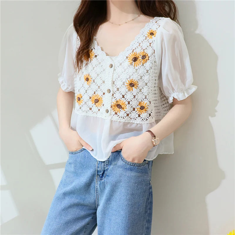 Crochet Top Chiffon Flower Embroidery Daisy Long Sleeve Button Front Fake Two-Piece Blouse Spring Summer Fairycore Cottagecore