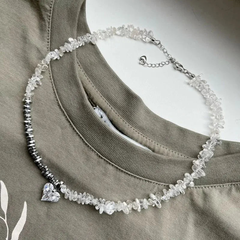 New Irregular Choker Vintage Zircon Heart Pendant Necklace For Women Female Pink & white Stone Chain Valentine's Gift N0548
