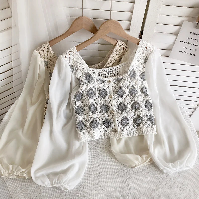 Crochet Top with Chiffon Sleeve Argyle Embroidery Square-neck Fake Two-Piece Blouse Spring Summer Fairycore Cottagecore