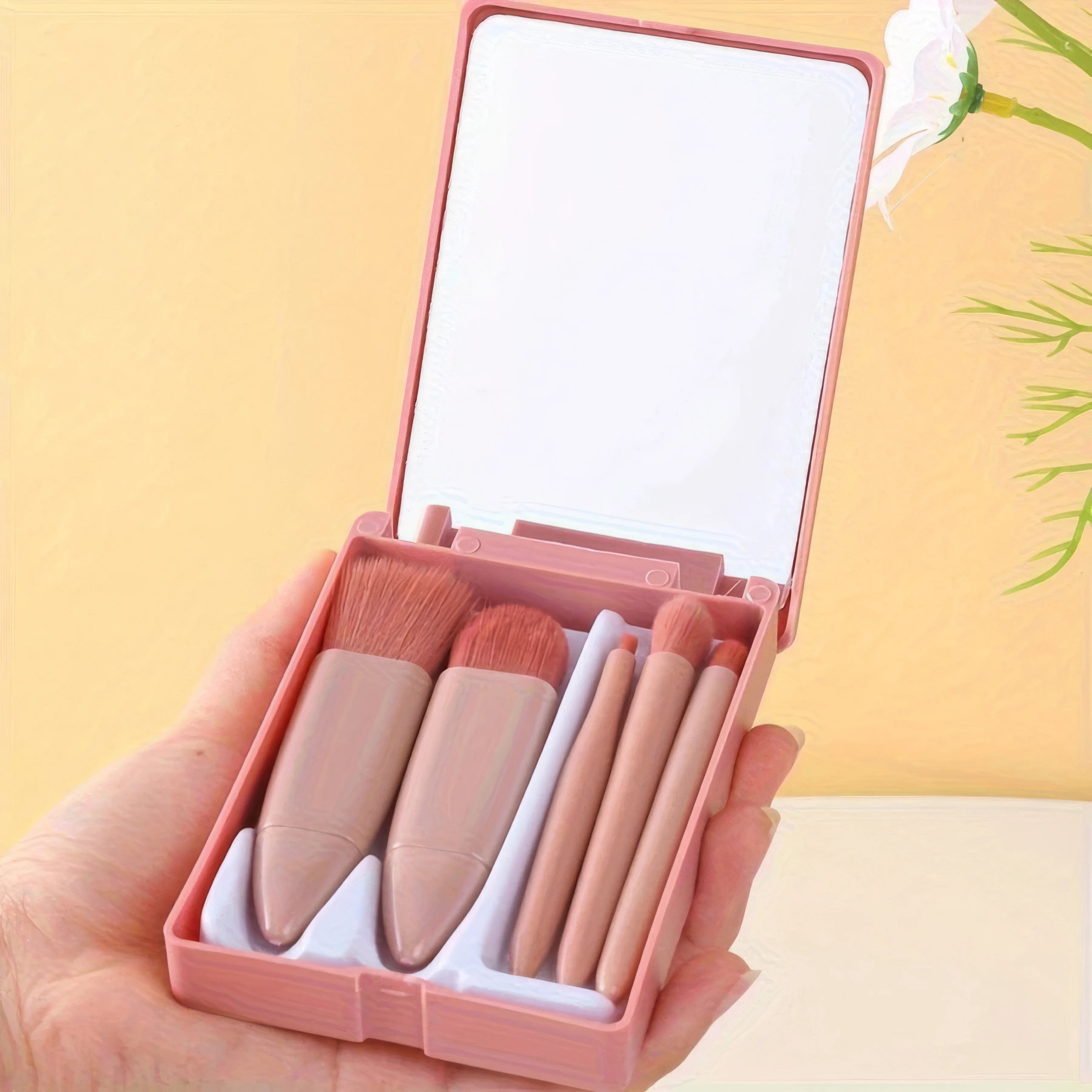 1 Set Chic Pink Makeup Brush Set - Mirror Compact, 5pcs Soft Bristles Versatile for Blush Eye Foundation