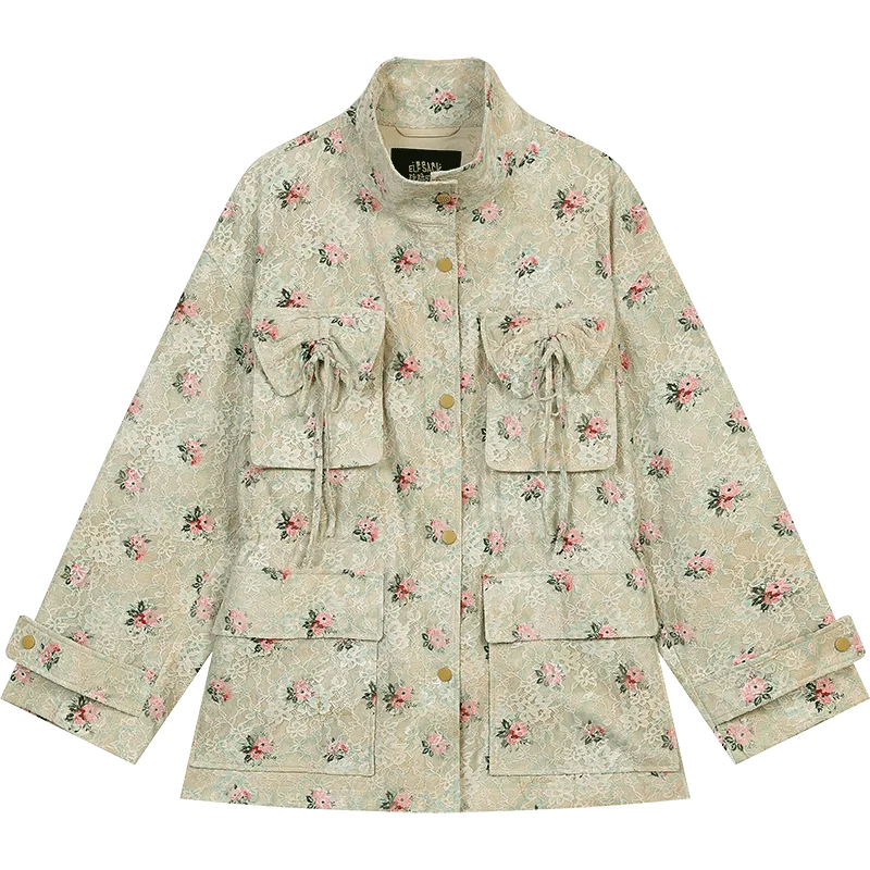ELFSACK 2025 Lace Floral Print Coat Women Bow Tie Pocket Fitted Trench Style Jacket, Romantic Cottagecore Elegant Jacket