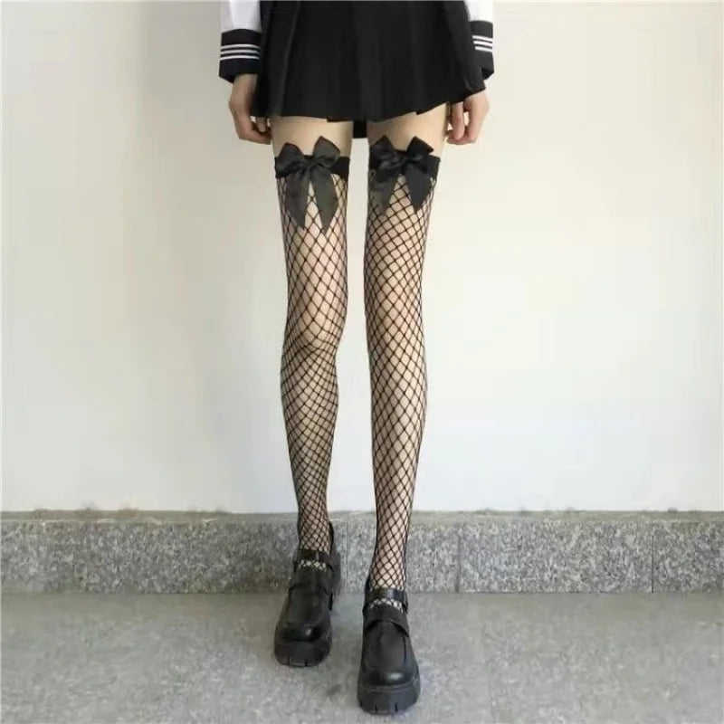 White Puresire Fishnet Stockings Pink Bow Tie Contrasting Color Women's Knee High sexy hollow out seductive large mesh Stocking#