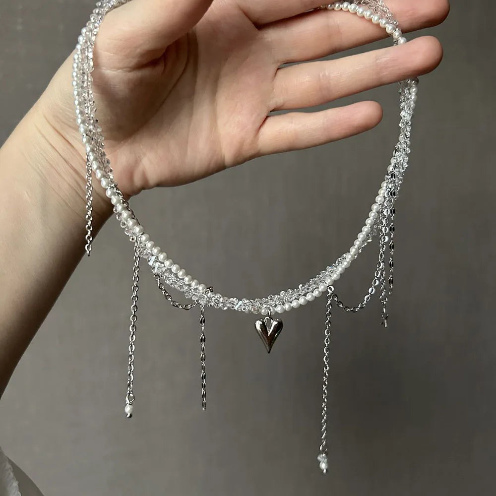New Irregular Choker Vintage Zircon Heart Pendant Necklace For Women Female Pink & white Stone Chain Valentine's Gift N0548