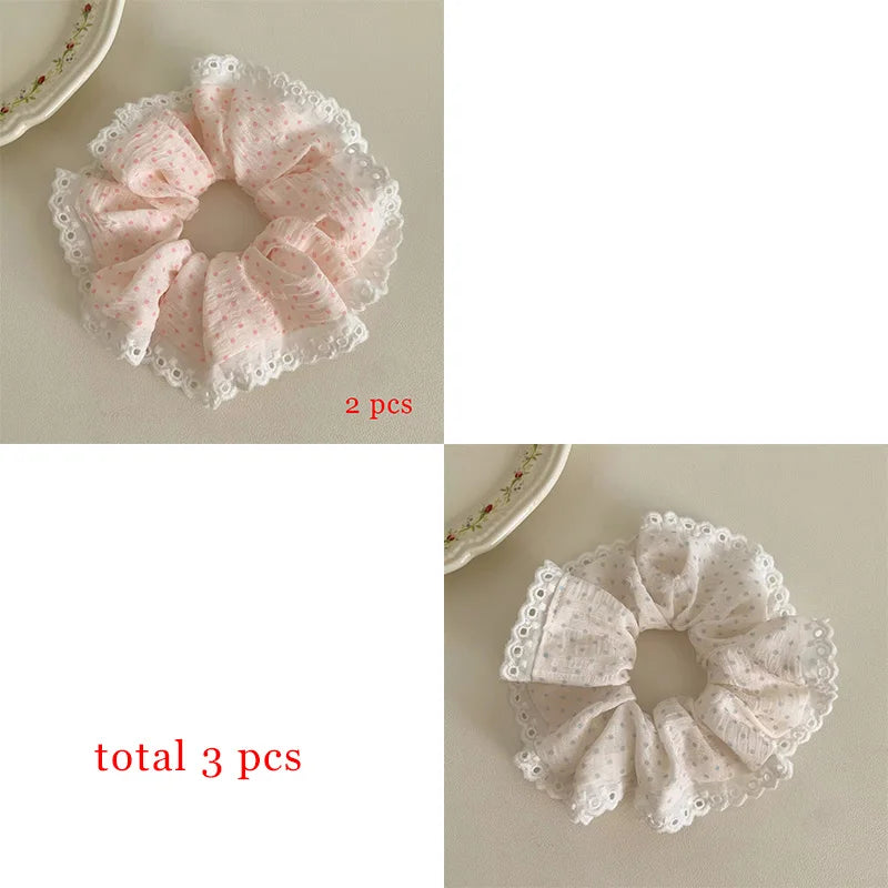 Lace Polka Dot White Pink Large Round Hair Ties for Women Sweet Cute Girl Ponytail Holders Ins Style Partysu Head Accessories