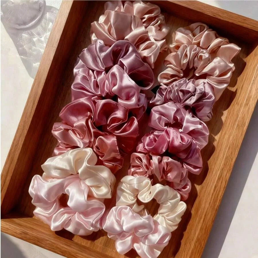 16-piece set of soft satin hair ties in pink and brown colors | suitable for wearing in all settings