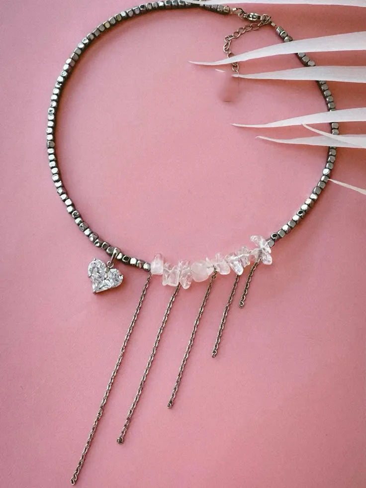 New Irregular Choker Vintage Zircon Heart Pendant Necklace For Women Female Pink & white Stone Chain Valentine's Gift N0548