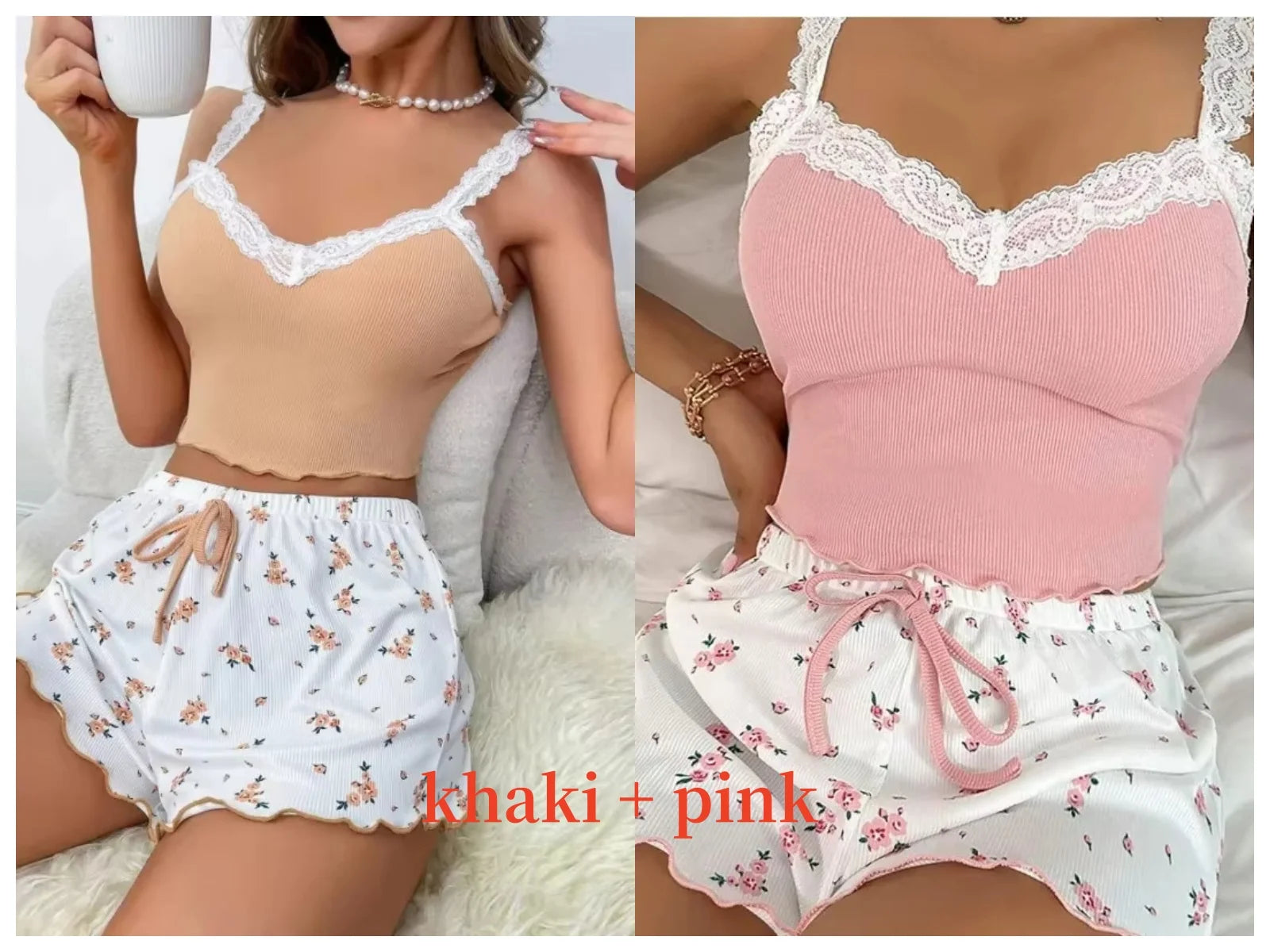 Women 2psc Pajama Set Pink Lace Patchwork V-Neck Sleepwear Sexy Nighties Suit Cami Top Printed Shorts Soft Pyjamas Loungewear