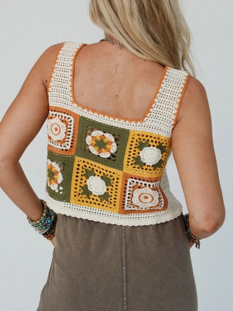 Granny Square Crochet Tank Top Embroidery Floral Open-knit Crop Cami Tops Women Teengirl Summer Fairycore Cottagecore Outfit