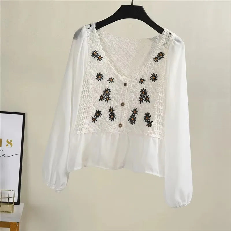 Crochet Top with Chiffon Flower Embroidery Long Sleeve Square-neck Fake Two-Piece Blouse Spring Summer Fairycore Cottagecore