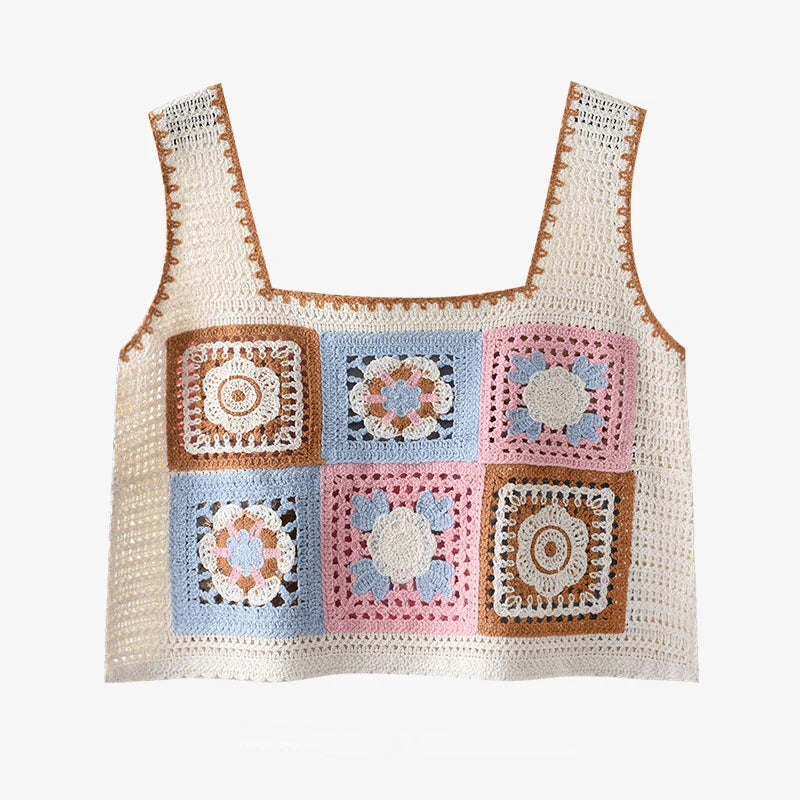 Granny Square Crochet Tank Top Embroidery Floral Open-knit Crop Cami Tops Women Teengirl Summer Fairycore Cottagecore Outfit