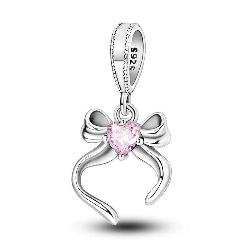 Original 925 Sterling Silver Pink Series Charms Beads Bow Perfume Bottle Heart-Shaped Cross Pendant Fit Bracelet DIY Jewelry