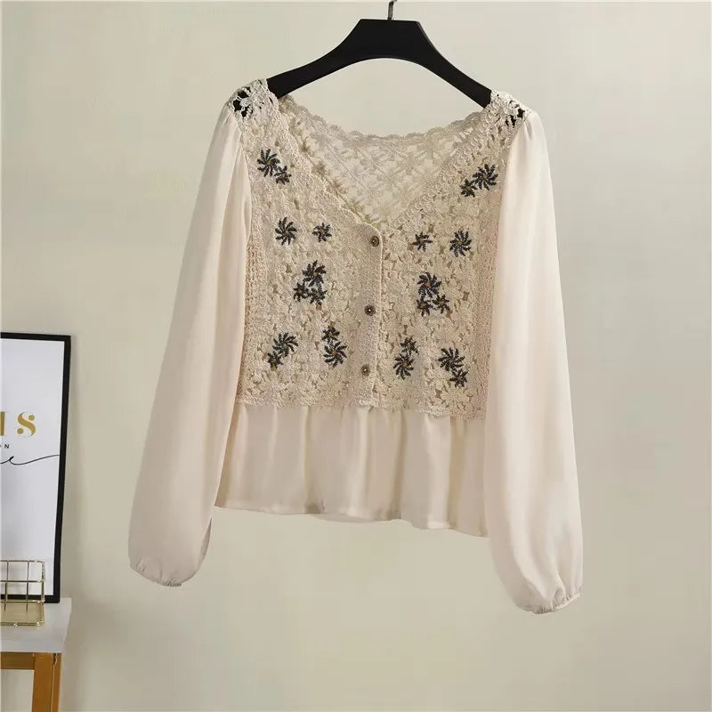 Crochet Top with Chiffon Flower Embroidery Long Sleeve Square-neck Fake Two-Piece Blouse Spring Summer Fairycore Cottagecore