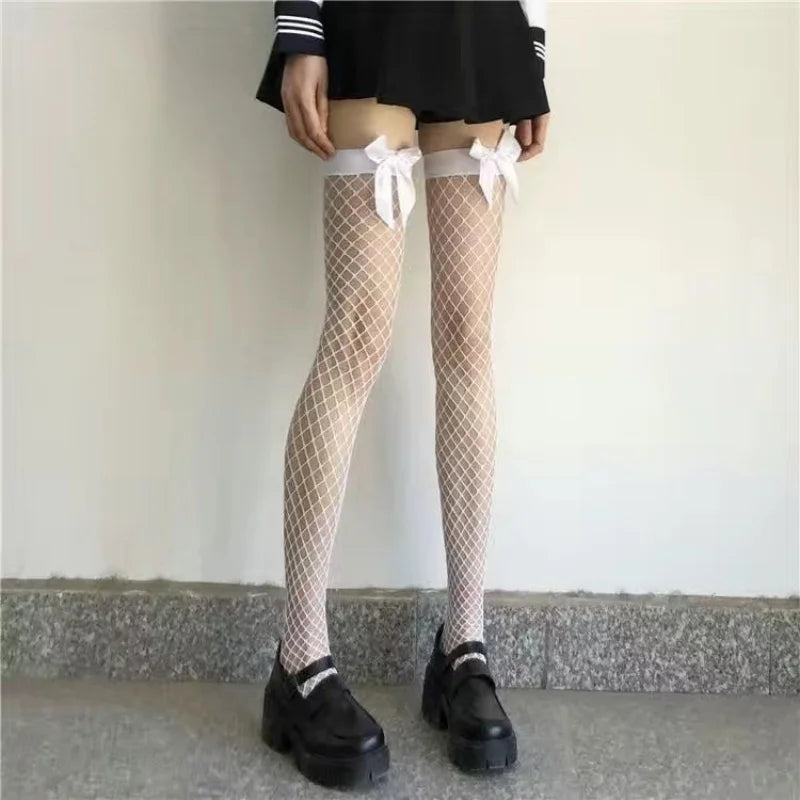 White Puresire Fishnet Stockings Pink Bow Tie Contrasting Color Women's Knee High sexy hollow out seductive large mesh Stocking#