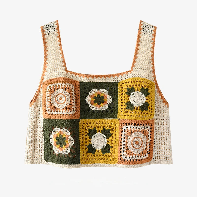 Granny Square Crochet Tank Top Embroidery Floral Open-knit Crop Cami Tops Women Teengirl Summer Fairycore Cottagecore Outfit