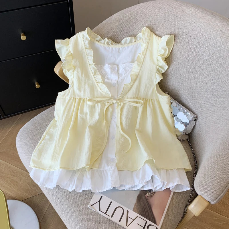 Korean Sweet Cottagecore Sleeveless Shirt Women Blue Plaid Ruffle Trim Tie Front Fake Two Piece Babydoll Blouse with Lace Lining